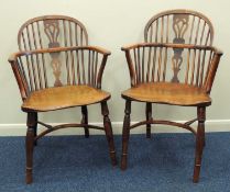 PAIR OF YEW WOOD & ELM LOW BACK WINDSOR ARMCHAIRS, with crinoline stretchers, 91cms (h) and 89cms (