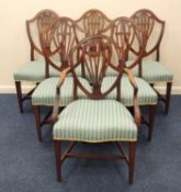 SET OF SIX MAHOGANY SHIELD BACK DINING CHAIRS, late 19th century, comprising five singles and one