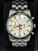 MONDAINE SBB CFF FFS RAILWAY CHRONOGRAPH WRISTWATCH, stainless steel case, black bezel, silvered