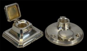 TWO SILVER INKWELLS, London, one stepped square form, approx. 8 x 8cms, and a circular form, approx.