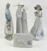 LLADRÓ FIGURINE OF TWO NUNS, no. 4611, 34cms (h); lady with basket of fruit, 34cms (h); young lady