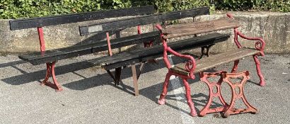 VICTORIAN CAST IRON CRABSTOCK AND WOODEN GARDEN BENCH, 140cms (l); also two metal framed and