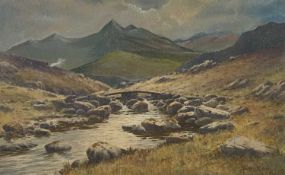 WARREN WILLIAMS (1863-1918) watercolour - mountainscape with stream and stone bridge, signed lower