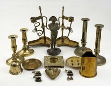 ASSORTED BRASSWARE, including pair of circular candlesticks with cylindrical push-up stems, 21cms (
