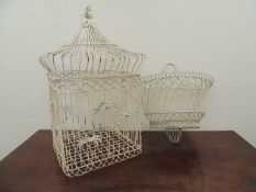 DECORATIVE PAINTED METAL ORNAMENTAL BIRD CAGE, 61cms (h); together with a wire work demilune