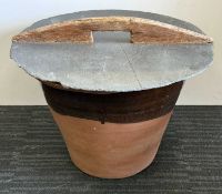 LARGE BUCKLEY WARE CIRCULAR TWO-HANDLED BREAD CROCK, glazed interior, 37 (h) x 49cms (diam.), having
