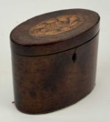 GEORGE III OVAL BURR WOOD TEA CADDY, hinged cover inlaid with shell motif, 11.5 (h) x 14 (w) x