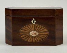 GEORGE III OCTAGONAL DOUBLE TEA CADDY, hinged cover inlaid with oval fan medallion, similar inlaid