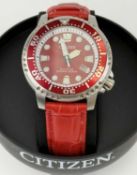 CITIZEN ECO-DRIVE DIVER'S 200 WRISTWATCH, stainless steel case, red dial with date aperture and