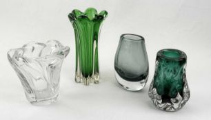 FOUR PIECES OF ART GLASS, comprising a Holmegaard graduated smoke glass vase, probably designed by