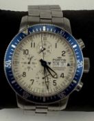 FORTIS CHRONOGRAPH AUTOMATIC SPACE WATCH, stainless-steel case, blue unidirectional bezel, white