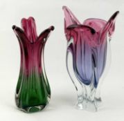 TWO ART GLASS VASES, Josef Hospodka for Chřibská in red, clear, and purple, 33cms (h); and Murano in
