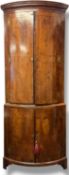 QUALITY GEORGE III MAHOGANY & WALNUT FREE STANDING BOW FRONT DOUBLE CORNER CUPBOARD, moulded cornice