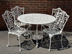 ALUMINIUM CIRCULAR TWO-TIER GARDEN TABLE, painted white, 71 (h) x 108cms (diam.); and four chairs,