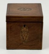 GEORGE III TEA CADDY, patterned string inlay, hinged cover inlaid with oval floral medallion,