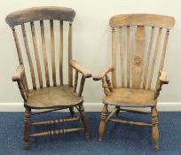 TWO VICTORIAN BEECH LATH BACK ARMCHAIRS Provenance: private collection Gwynedd