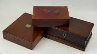 THREE VARIOUS BOXES, 19th century mahogany box, interior with two compartments, 13 (h) x 32 (w) x