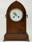 EDWARDIAN STRUNG MAHOGANY CASED LANCET FORM MANTEL CLOCK, circular convex enamel dial with Arabic
