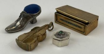 COLLECTABLES GROUP, including brass vesta case modelled as a violin, 6.5cms (l); AE Williams