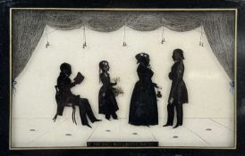 VICTORIAN REVERSE GLASS PAINTED SILHOUETTE PICTURE, entitled 'Carey Family, Boston 1840', 21 x 29.