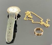 9CT GOLD JEWELLERY, comprising wedding band, size Q, belcher chain, 43cms (l), 9g gross; and Next