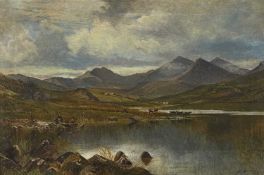 GEORGE WELLS (British, 19th century) oil on canvas - mountainous lake with figures in boat and