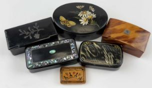 COLLECTION OF SIX 19TH CENTURY SNUFF BOXES, including tortoiseshell with domed cover, oval lacquer