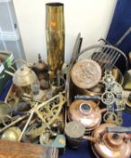 LARGE COLLECTION OF METALWARE, 19th century and later, including two circular copper kettles;