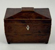 EARLY 19TH CENTURY BURR YEW WOOD DOUBLE TEA CADDY of sarcophagus form, with boxwood stringing, brass