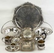 ASSORTED SILVER PLATE, including a Sheffield circular serving tray with cast border and engraved