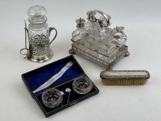 ASSORTED COLLECTABLES, including an EPNS cruet frame with six glass bottles, cut-glass pickle jar