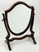 SMALL 19TH CENTURY MAHOGANY FRAMED DRESSING TABLE MIRROR, shield shaped plate, 39 (h) x 29cms (w)