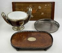 LATE VICTORIAN ANTLER HANDLED OAK & SILVER-PLATED BOWL; together with an oak serving tray, and a