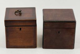 TWO GEORGE III TEA CADDIES, cross-banded mahogany, hinged cover with gilded brass ring handle, 12 (