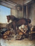 AFTER SIR EDWIN HENRY LANDSEER R.A. 'Shoeing the Bay Mare', a vintage oil on canvas, 22.5 x 18cms