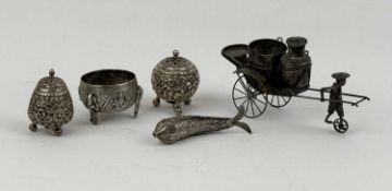 EASTERN WHITE METAL COLLECTABLES GROUP, including a rickshaw cruet, 14cms (l); articulated fish, 8.