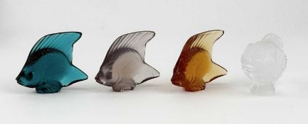 THREE LALIQUE 'POISSON' PAPERWEIGHTS, modelled as fish in amber, lilac, and turquoise, 5cms (h); and
