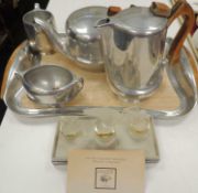 PICQUOT WARE ALUMINIUM TEA SERVICE, including tray; with a Lalique perfumes mascot collection set of