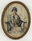 GERTRUDE E. DEMAIN HAMMOND (1862-1953) pencil and crayon - oval portrait of a lady seated, signed,
