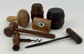 ASSORTED TREEN, including maple snuffbox, sliding cover with an oval plaque featuring a silhouette