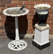 CAST METAL BIRD BATH with bird detail, octagonal column, and pierced circular base, 77 (h) x