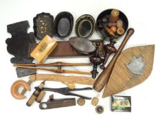 19TH CENTURY TREEN & OTHER LATER COLLECTABLES, including oval snuff box with white metal mounts,