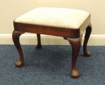 GEORGE III WALNUT DRESSING STOOL, later upholstered pad seat, short cabriole legs, 38 (h) x 47 (w) x