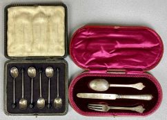 SILVER CUTLERY, including three-piece lace back christening set, and six bean handled coffee spoons,