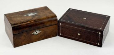 TWO 19TH CENTURY TRINKET BOXES, walnut, hinged cover inlaid with mother of pearl tablet, fitted