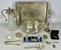PLATED WARE, including rectangular two-handled tea tray with pierced gallery and scroll engraved