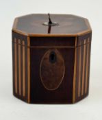 GEORGE III OCTAGONAL TEA CADDY, inlaid with oval yew wood medallions and satinwood and harewood