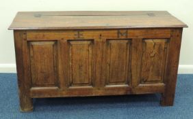 18TH CENTURY JOINED OAK COFFER, hinged plank top, interior with candle box and two drawers, good