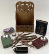 ASSORTED COLLECTABLES, including 19th century wooden lace bobbins with glass beads, two vintage