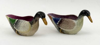 TWO PRATTWARE TYPE DUCK SAUCEBOATS, early 19th century, 11 (h) x 20 (l) x 8cms (d) Provenance: